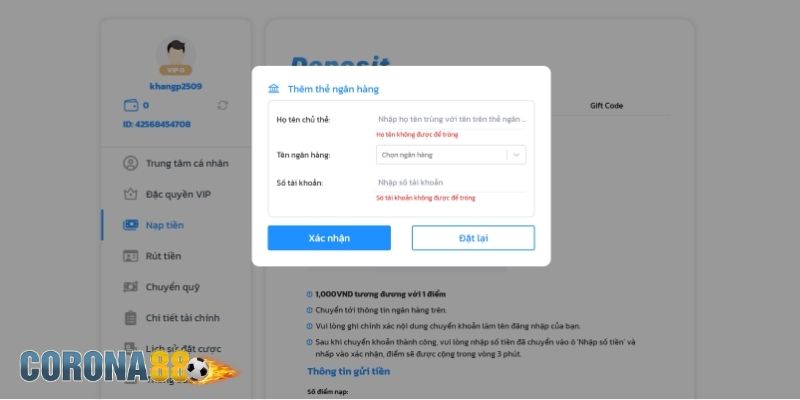 Hướng dẫn nạp tiền Corona88